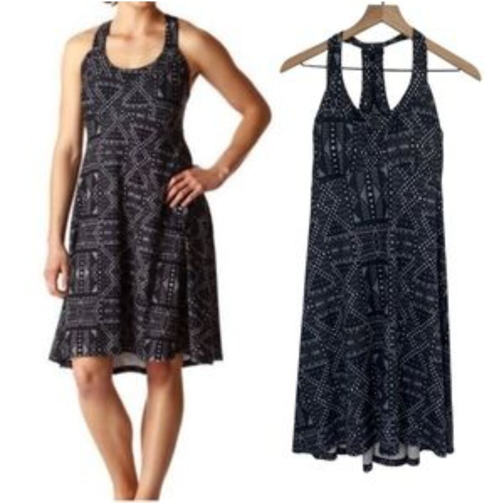 prAna medium‎ Sleeveless Flared Sun Dress Shelf Bra Black Gray Eco Athleisure